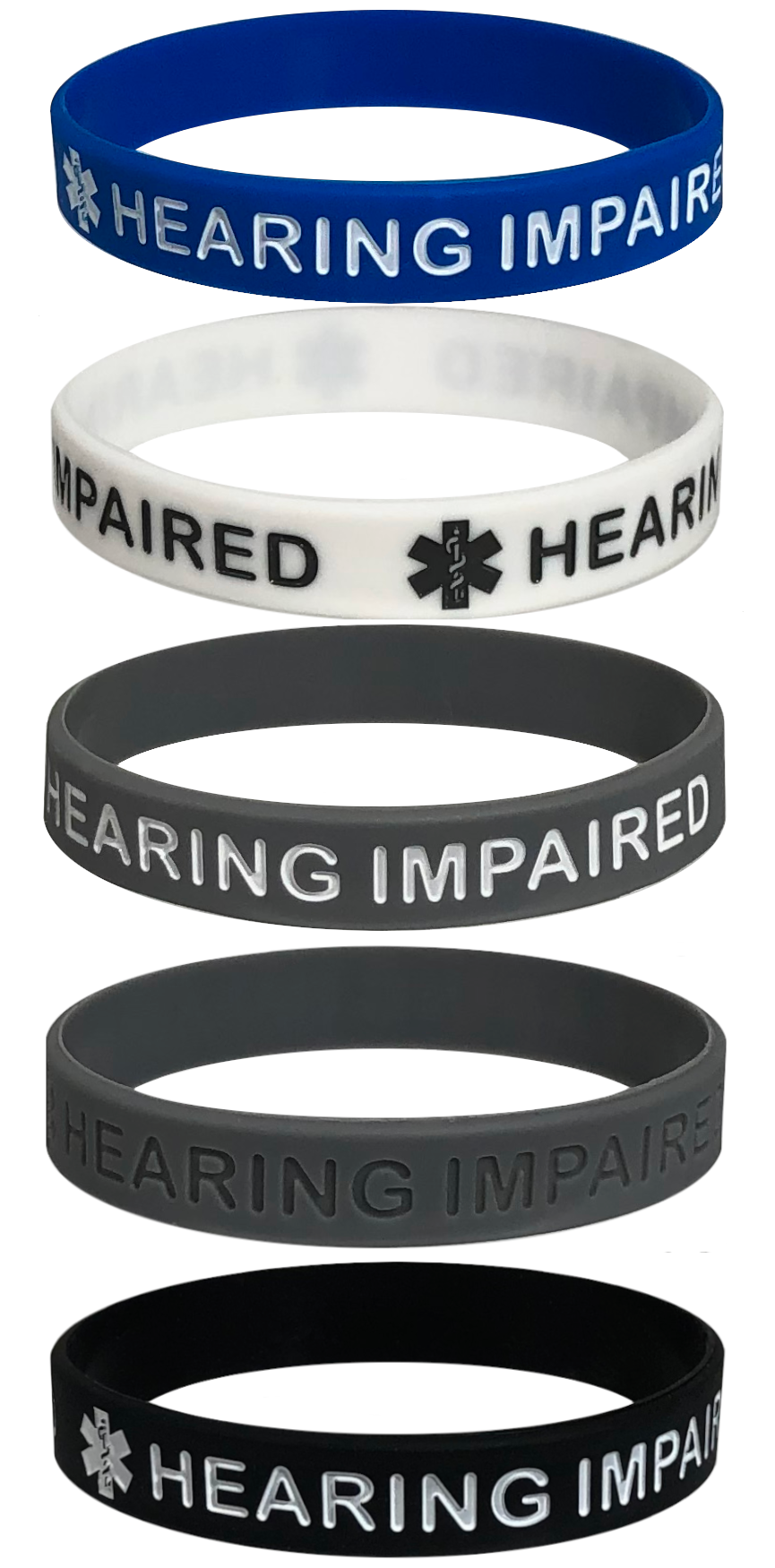 25 Pack "HEARING IMPAIRED" Medical Alert ID Silicone Bracelet Wristbands