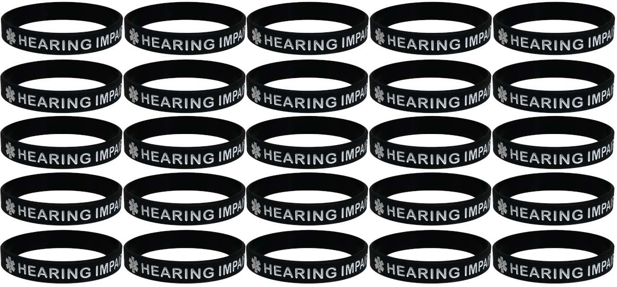 25 Pack "HEARING IMPAIRED" Medical Alert ID Silicone Bracelet Wristbands