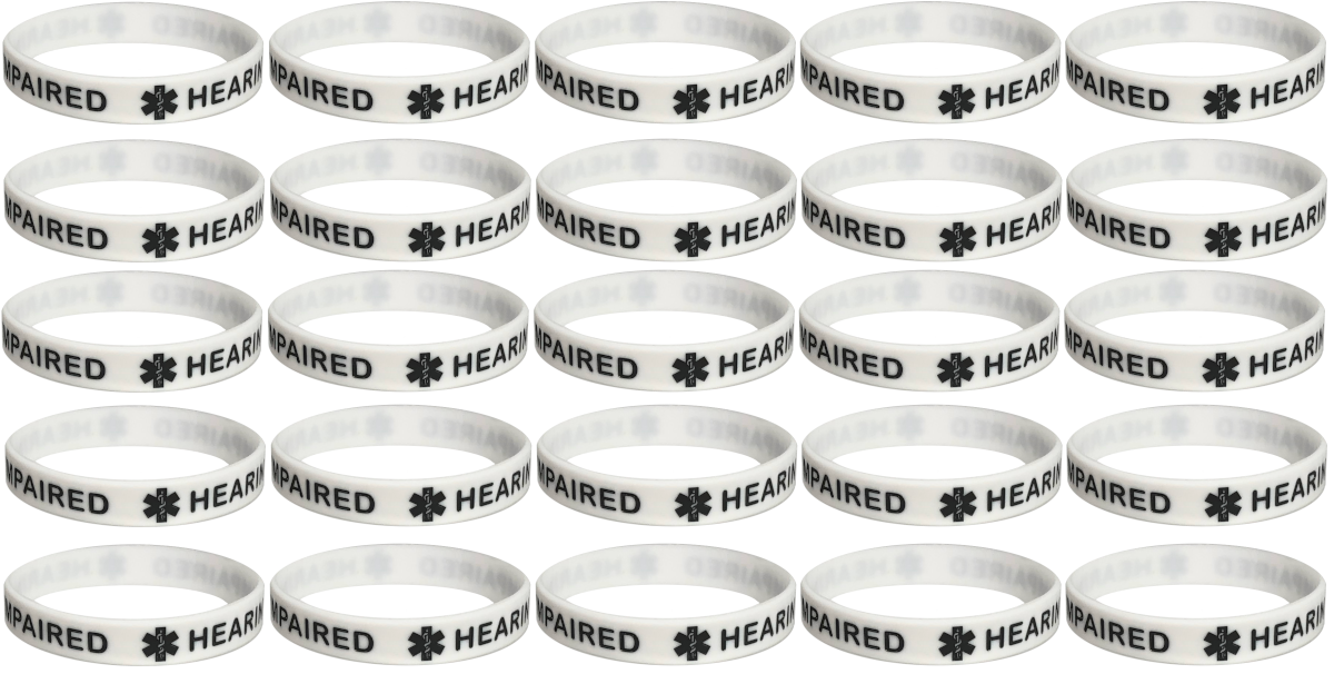 25 Pack "HEARING IMPAIRED" Medical Alert ID Silicone Bracelet Wristbands
