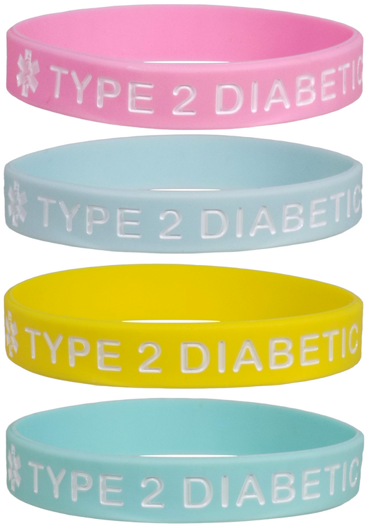 TYPE 2 DIABETIC Medical Alert ID Silicone Bracelet Wristbands Pastels 4 Pack