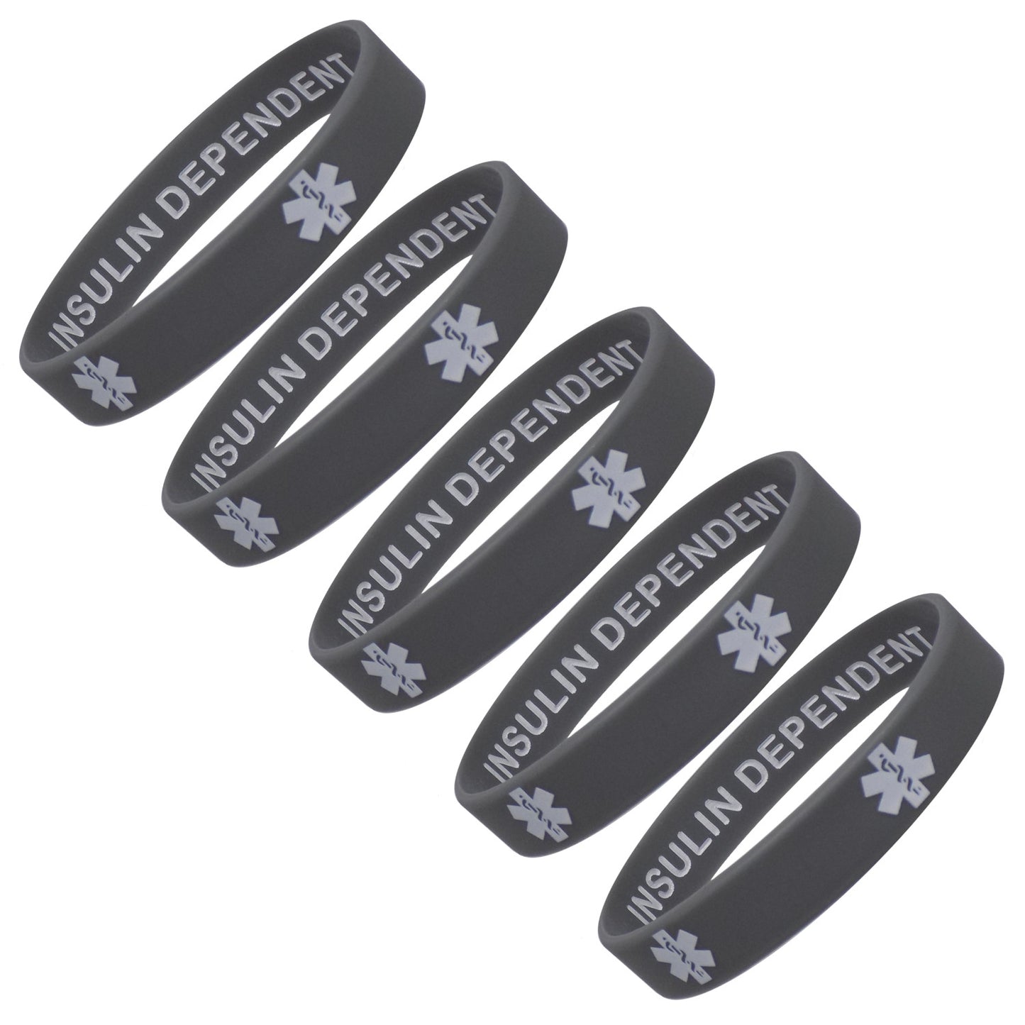 Type 2 Diabetic INSULIN DEPENDENT Medical Alert ID Privacy Enhanced Silicone Bracelets Wristbands 5 Pack