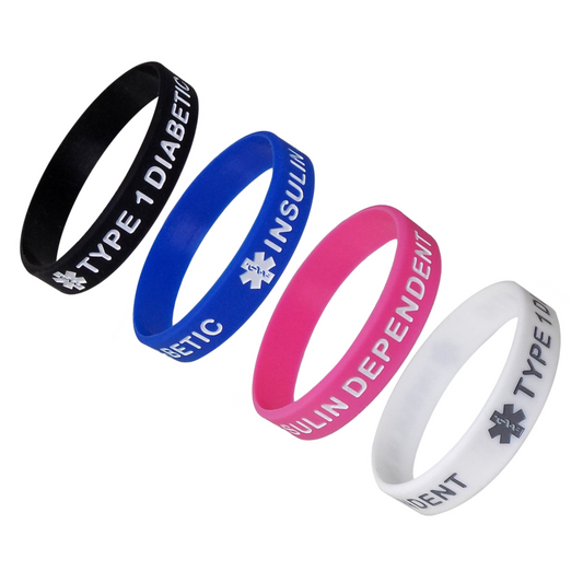 "TYPE 1 DIABETIC" Kids Sized Medical Alert ID Silicone Bracelet Wristbands 4 Pack