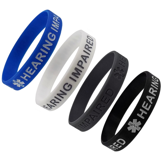 "HEARING IMPAIRED" Medical Alert ID Silicone Bracelet Wristbands 4 Pack