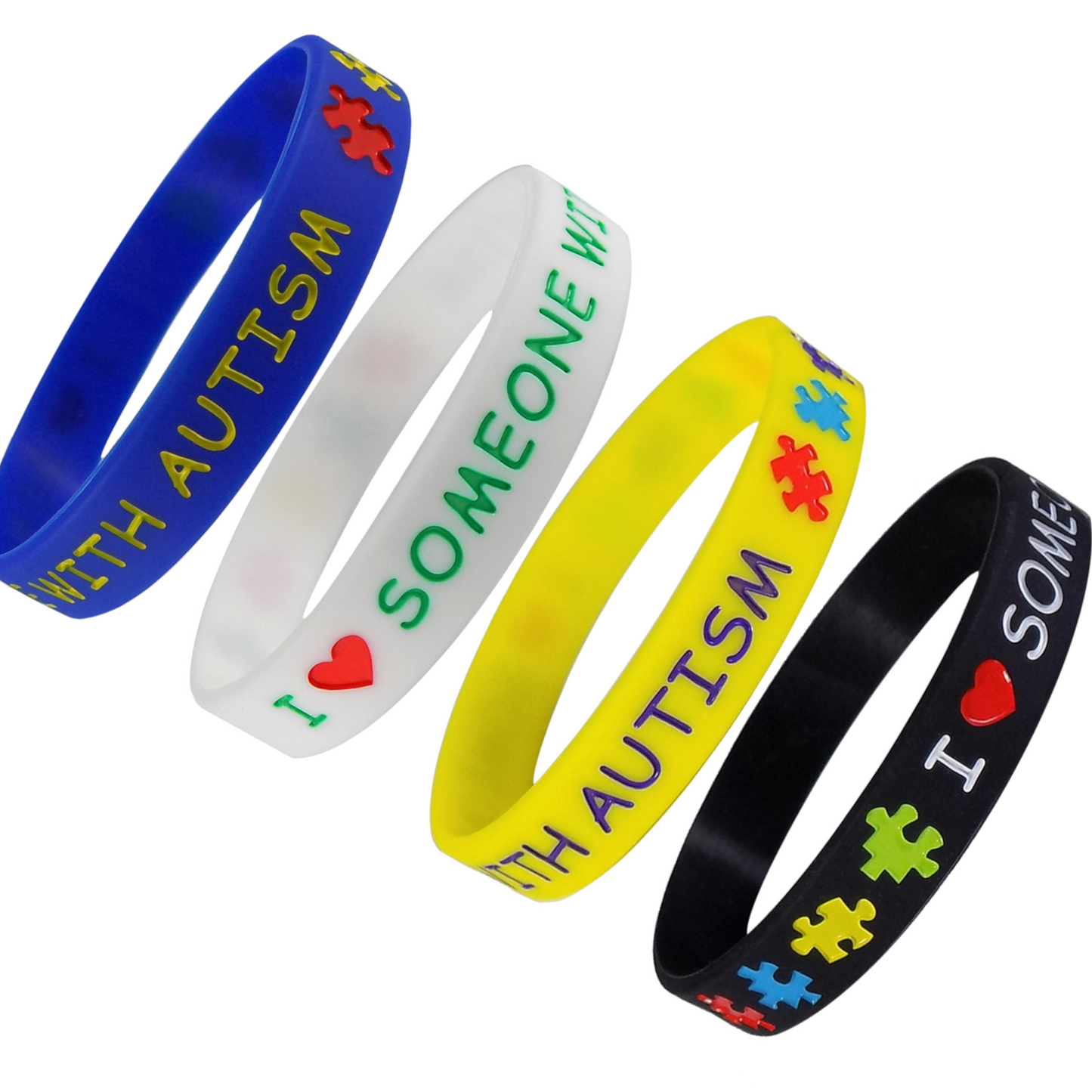 "I LOVE SOMEONE WITH AUTISM" Silicone Bracelets Blue, Yellow, Black and White Adult Size (4 Pack)