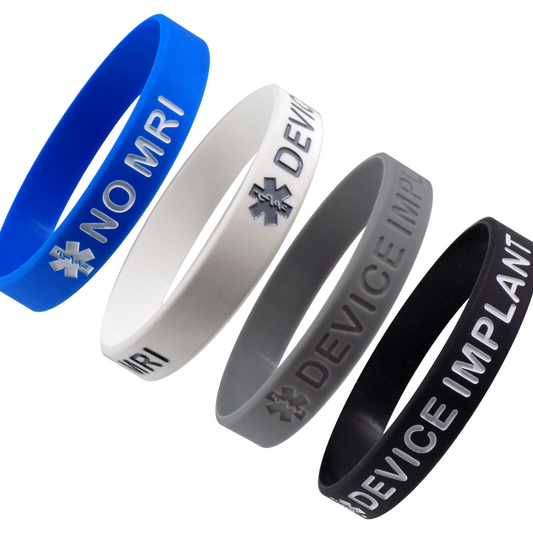 'NO MRI  DEVICE IMPLANT' Medical Alert ID Silicone Bracelet Wristbands 4 Pack