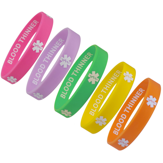 BLOOD THINNER Medical Alert ID Privacy Enhanced Silicone Bracelets Wristbands 5 Pack Fun Colors