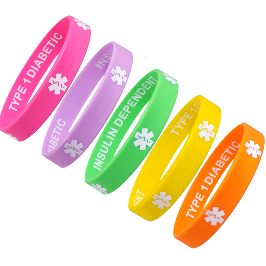 5 Pack - TYPE 1 DIABETIC INSULIN DEPENDENT Silicone Wristbands Privacy Enhanced Fun Colors