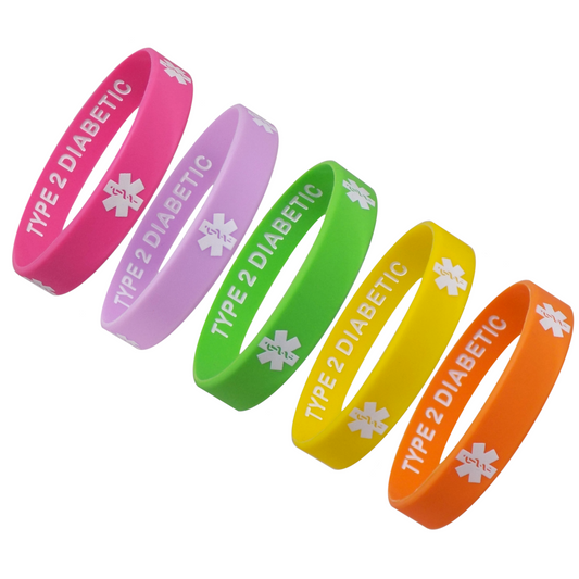 5 Pack- TYPE 2 DIABETIC Silicone Wristbands Privacy Enhanced Fun Colors