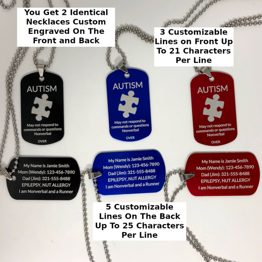 Autism Medical Alert ID Necklaces Custom Engraved (2 Pack)
