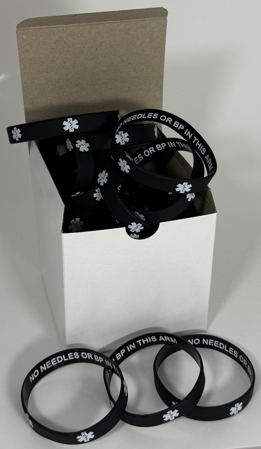 "No Needles or BP In This Arm" Discreet Bulk Medical Alert Wristbands - 25-Count Package for Clinics & Dialysis Centers