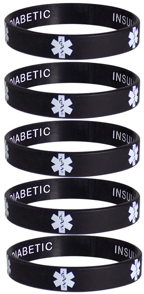 Type 1 Diabetic Insulin Dependent Medical Alert ID Privacy Enhanced Silicone Bracelets Wristbands 5 Pack