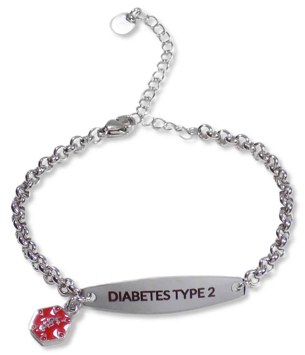 Bracelet with a medical ID tag for diabetes type 2 on a white background
