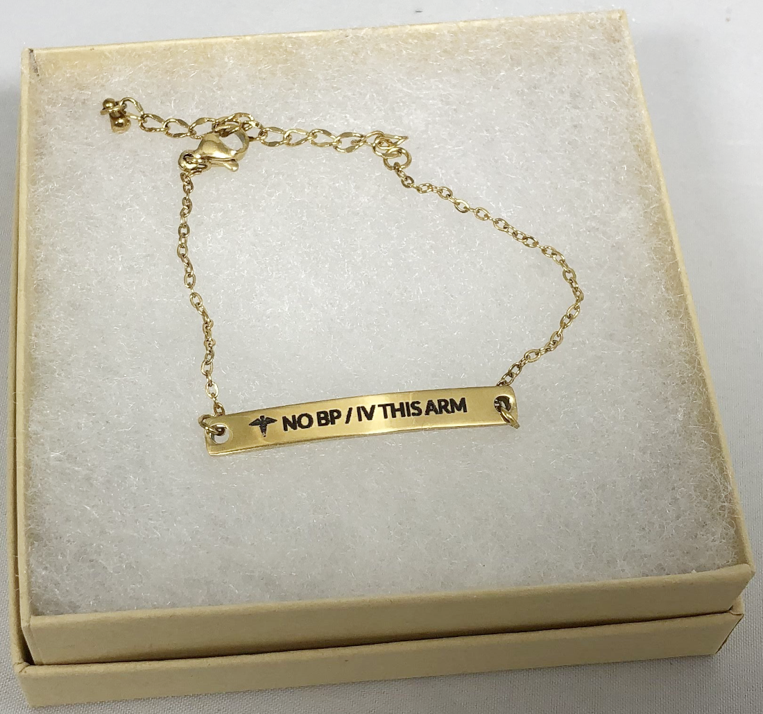NO BP / IV THIS ARM Medical Alert Bar Bracelet for Lymphedema - Adjustable Chain