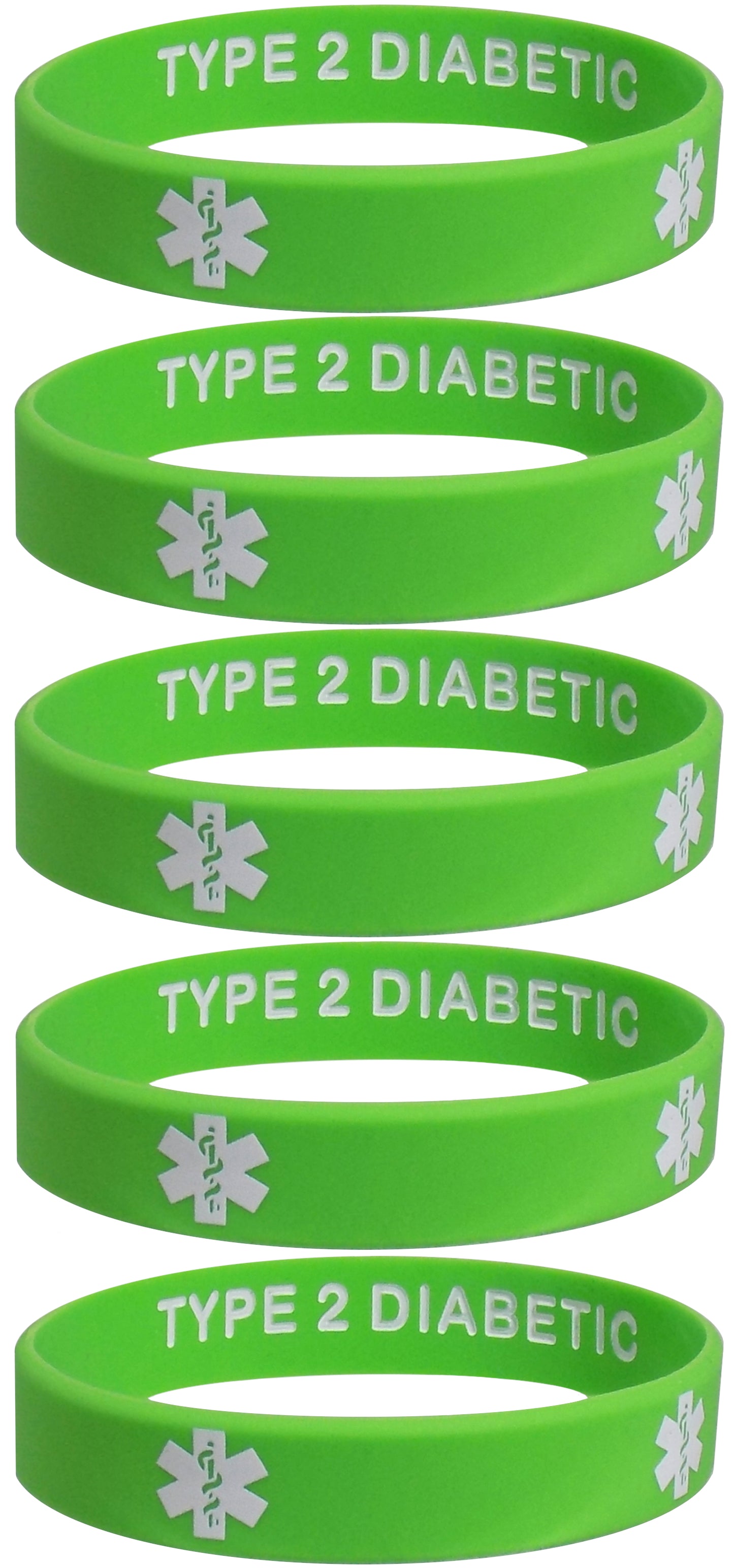 5 Pack- TYPE 2 DIABETIC Silicone Wristbands Privacy Enhanced Fun Colors