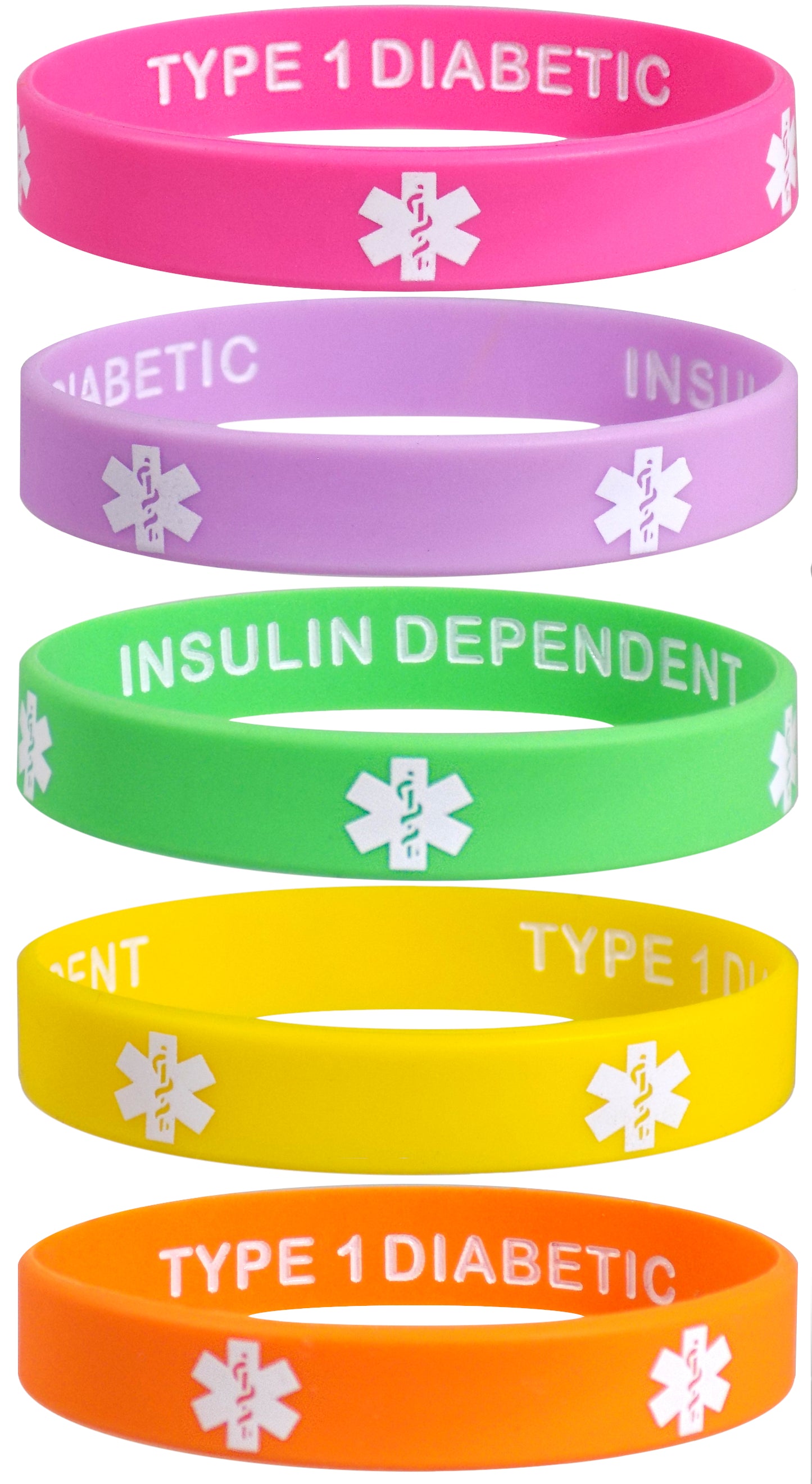 5 Pack - TYPE 1 DIABETIC INSULIN DEPENDENT Silicone Wristbands Privacy Enhanced Fun Colors