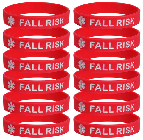 FALL RISK Medical Alert ID Silicone Bracelet Wristbands Red 12 Pack