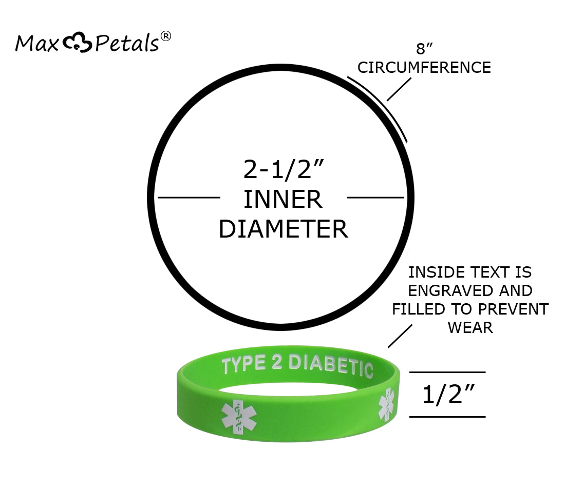 5 Pack- TYPE 2 DIABETIC Silicone Wristbands Privacy Enhanced Fun Colors