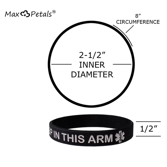 "No Needles or BP in This Arm" Medical Alert Silicone Wristbands for Adults - 5 Pack, Multiple Colors, 8 Inches - Max Petals