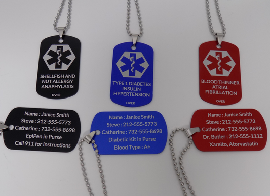 Medical Alert ID Necklaces Custom Engraved (2 Pack) Diabetes, Allergies. Pacemaker, Blood Thinner, Lymphedema and More