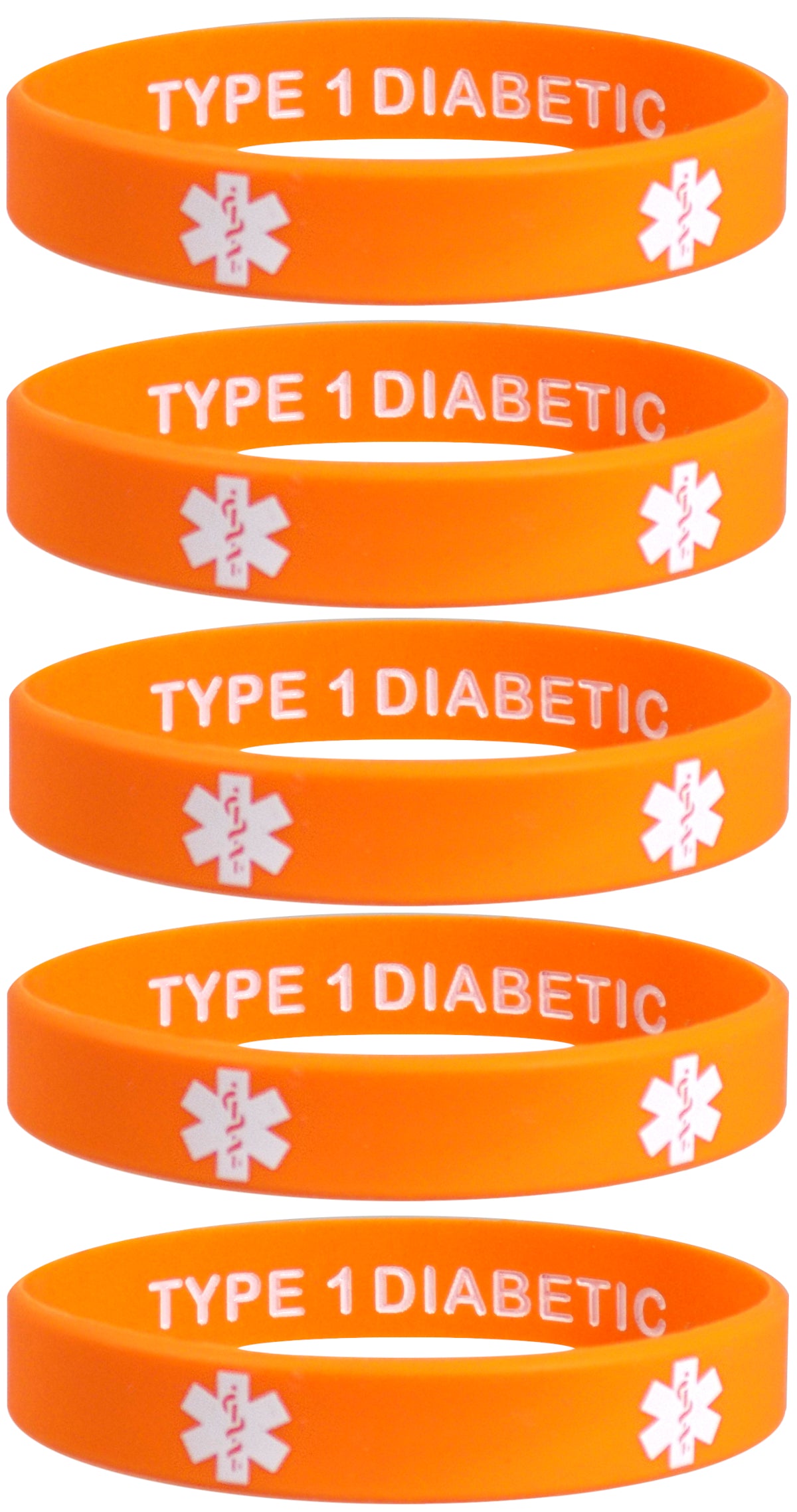 5 Pack - TYPE 1 DIABETIC INSULIN DEPENDENT Silicone Wristbands Privacy Enhanced Fun Colors