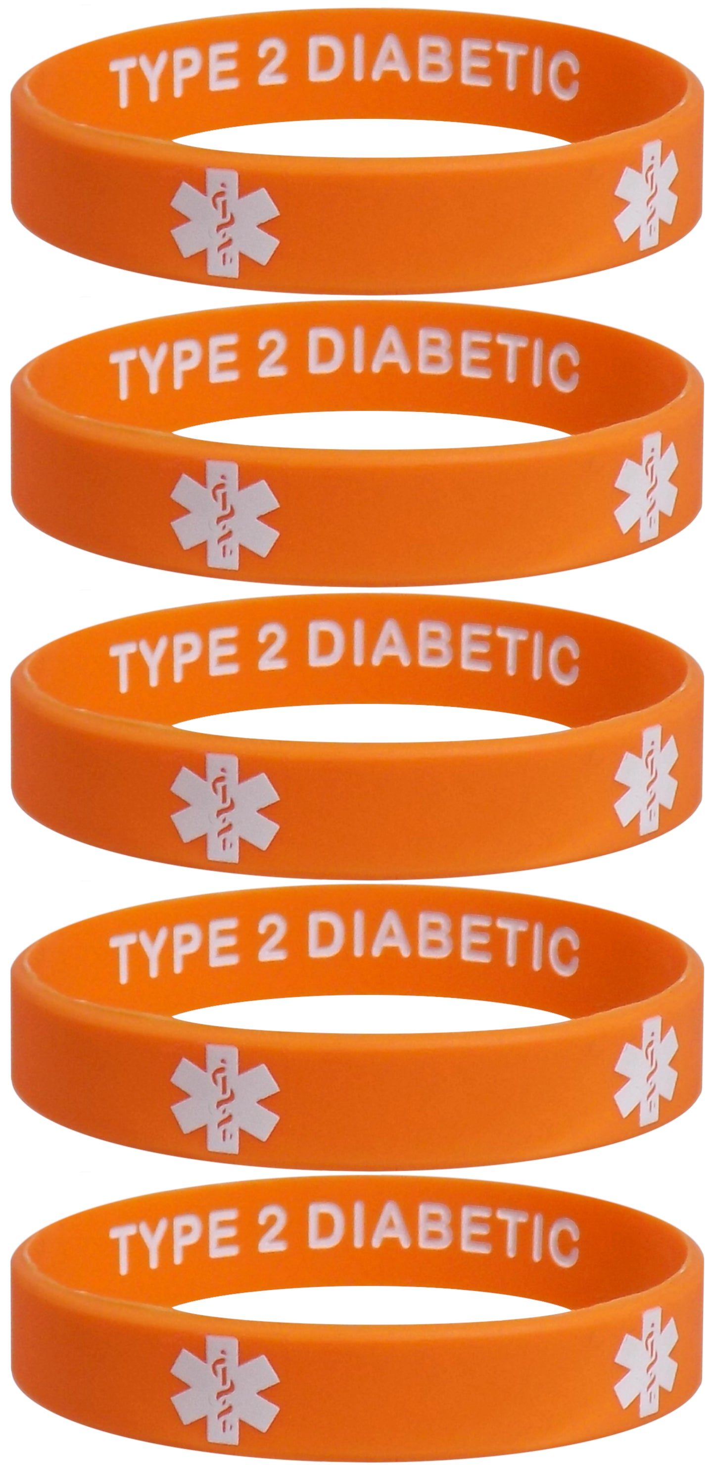 5 Pack- TYPE 2 DIABETIC Silicone Wristbands Privacy Enhanced Fun Colors