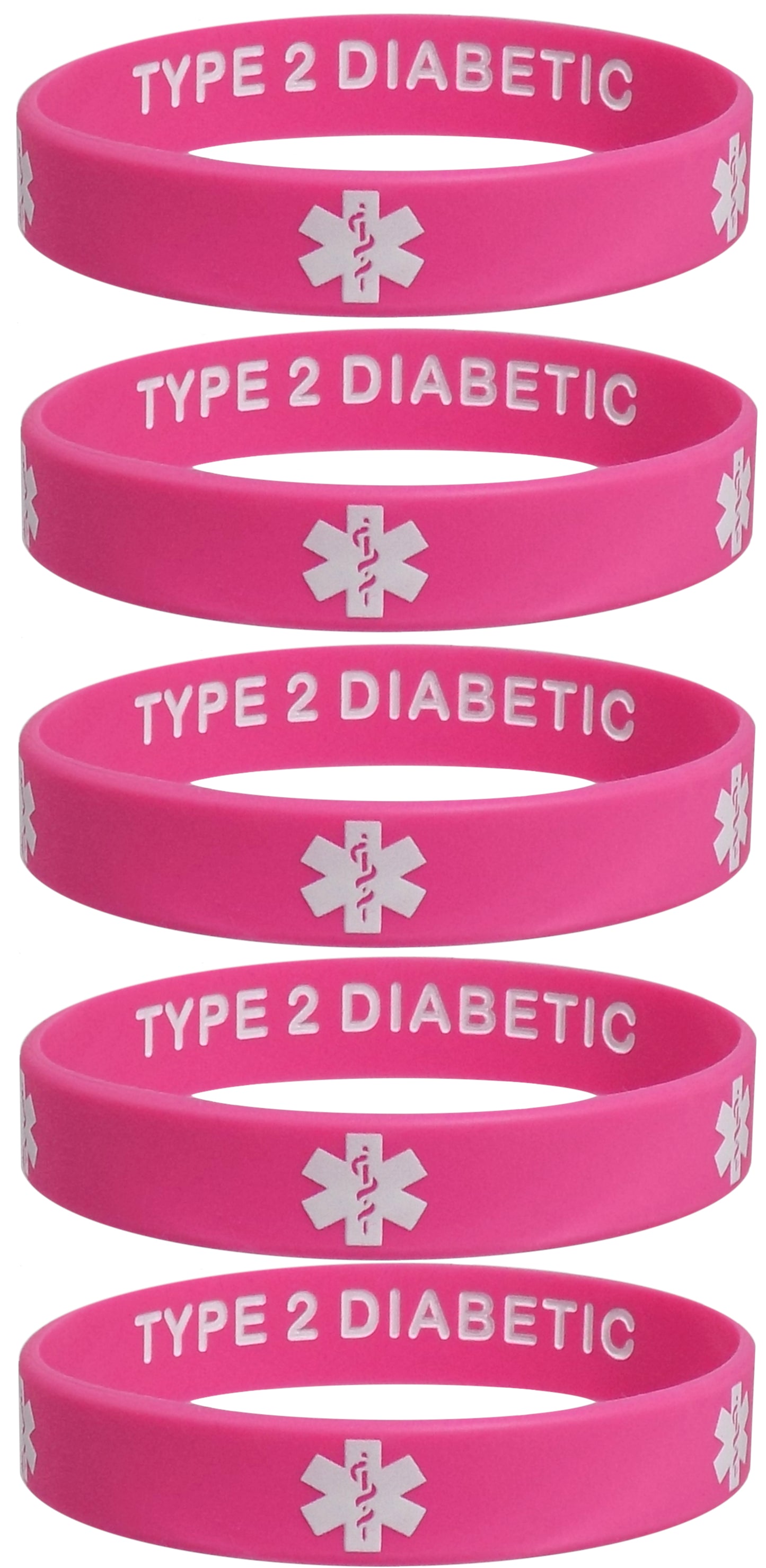5 Pack- TYPE 2 DIABETIC Silicone Wristbands Privacy Enhanced Fun Colors