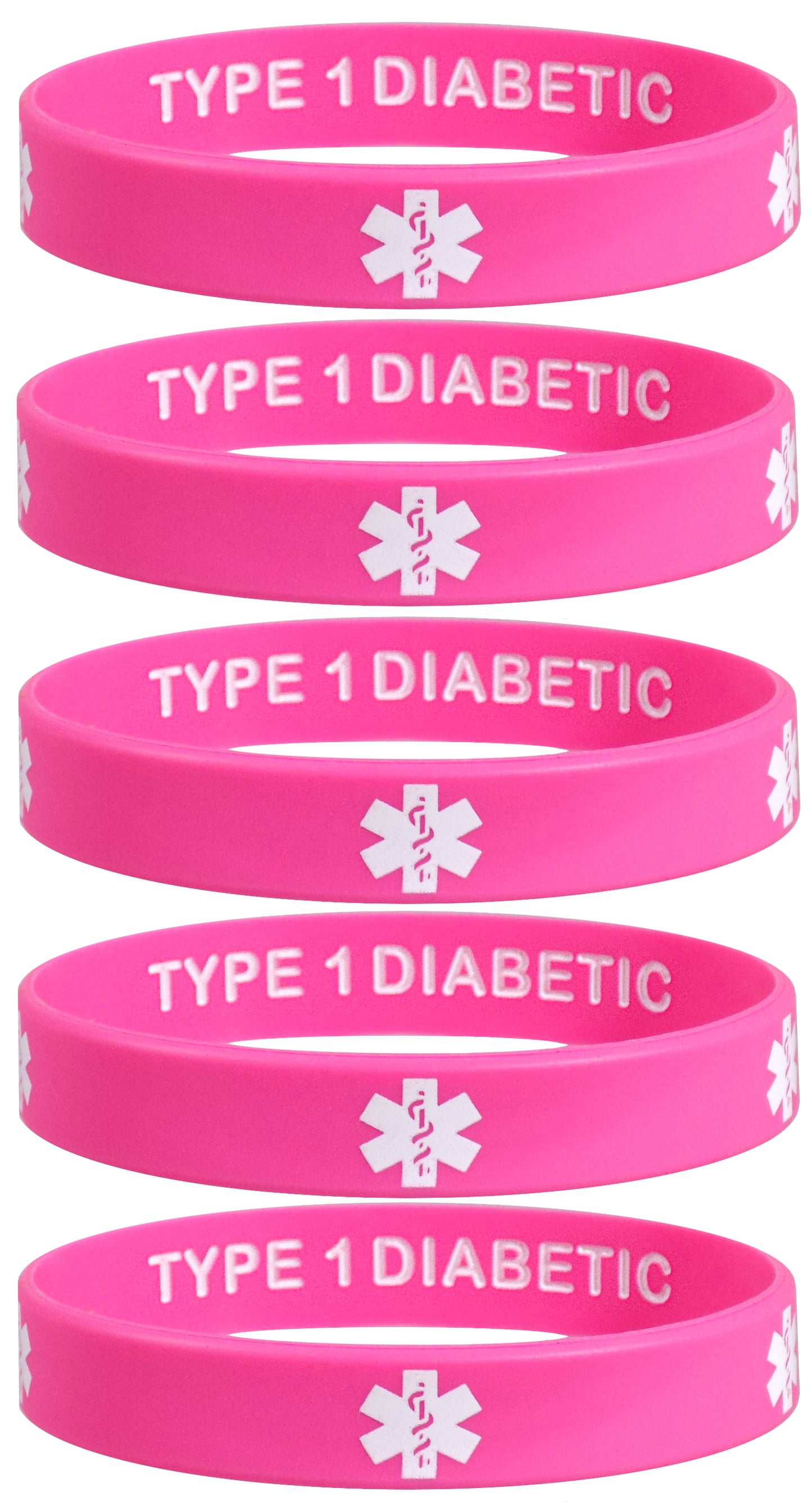 5 Pack - TYPE 1 DIABETIC INSULIN DEPENDENT Silicone Wristbands Privacy Enhanced Fun Colors