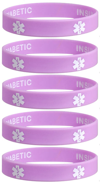 5 Pack - TYPE 1 DIABETIC INSULIN DEPENDENT Silicone Wristbands Privacy Enhanced Fun Colors