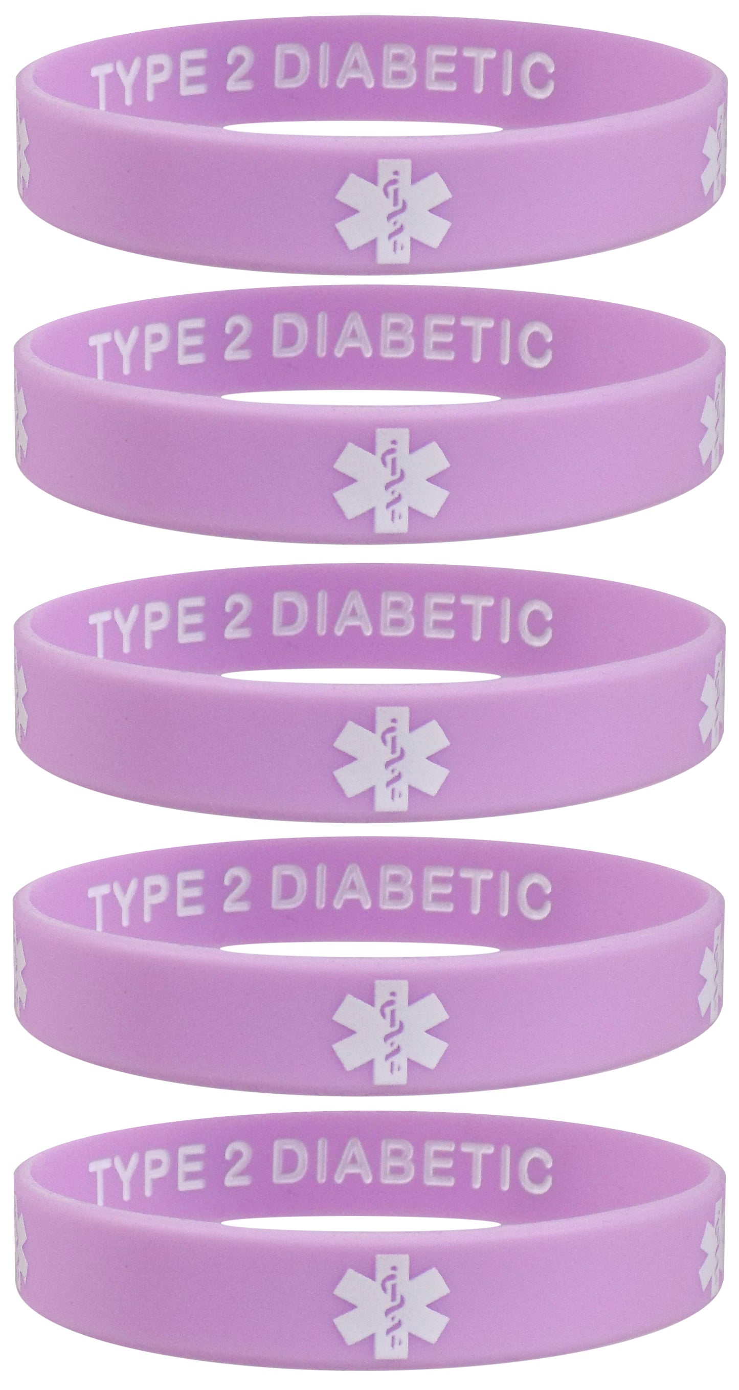 5 Pack- TYPE 2 DIABETIC Silicone Wristbands Privacy Enhanced Fun Colors