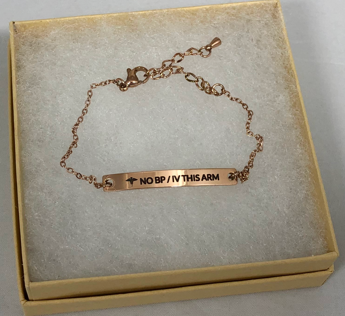 NO BP / IV THIS ARM Medical Alert Bar Bracelet for Lymphedema - Adjustable Chain