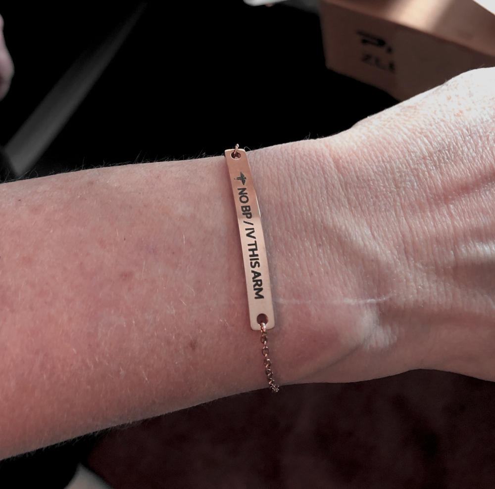 NO BP / IV THIS ARM Medical Alert Bar Bracelet for Lymphedema - Adjustable Chain