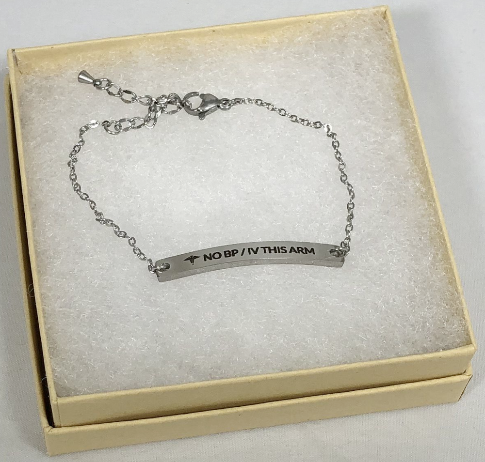 NO BP / IV THIS ARM Medical Alert Bar Bracelet for Lymphedema - Adjustable Chain