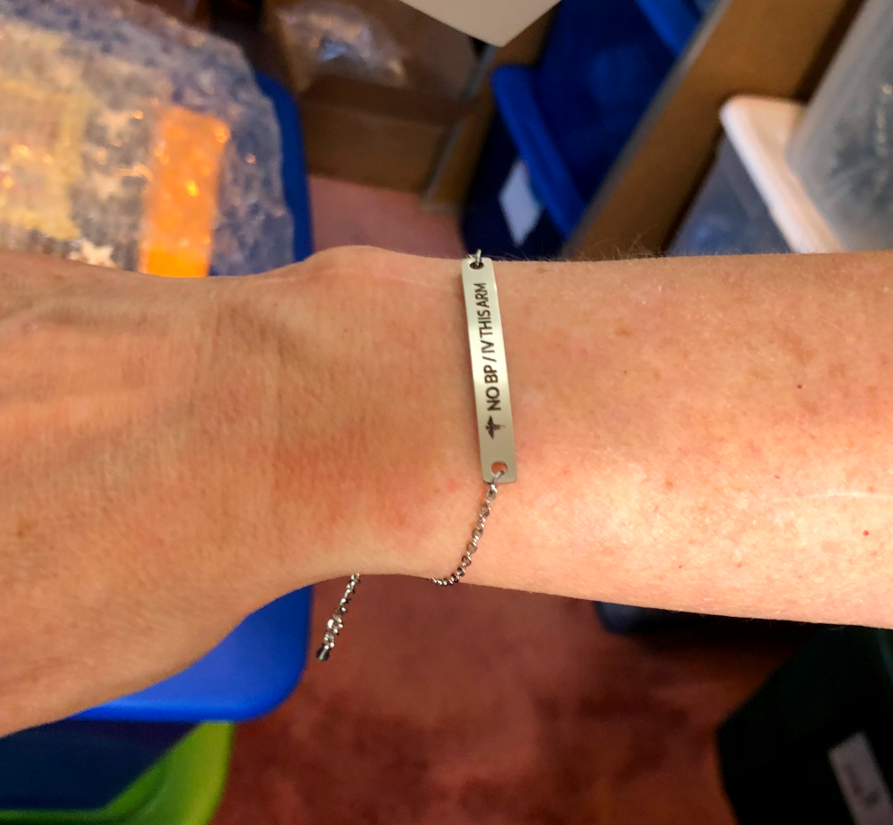 NO BP / IV THIS ARM Medical Alert Bar Bracelet for Lymphedema - Adjustable Chain