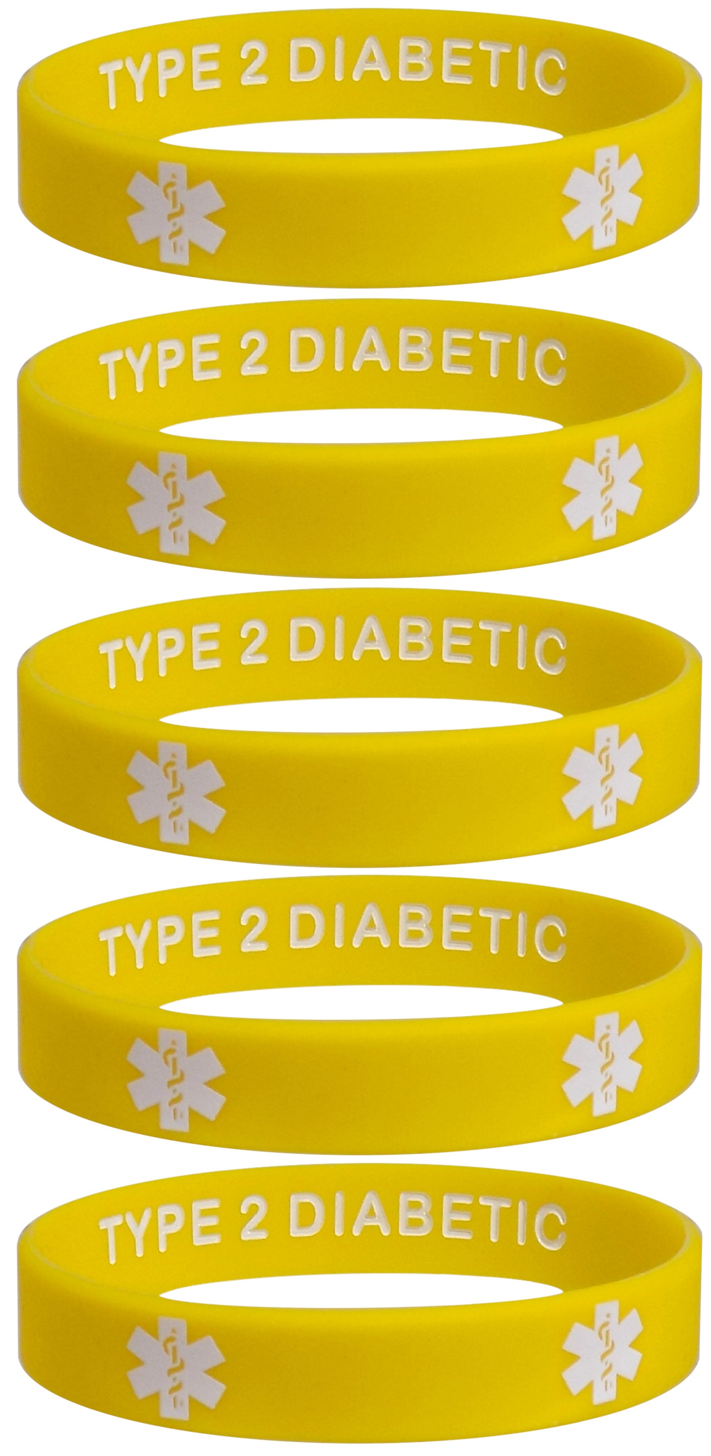 5 Pack- TYPE 2 DIABETIC Silicone Wristbands Privacy Enhanced Fun Colors