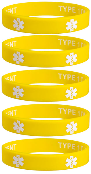5 Pack - TYPE 1 DIABETIC INSULIN DEPENDENT Silicone Wristbands Privacy Enhanced Fun Colors