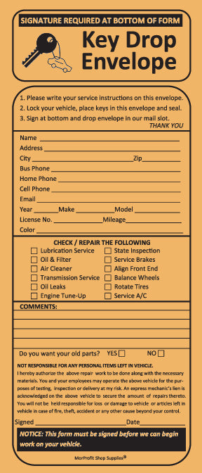 Night Drop Key Envelopes for Auto Repair Shops