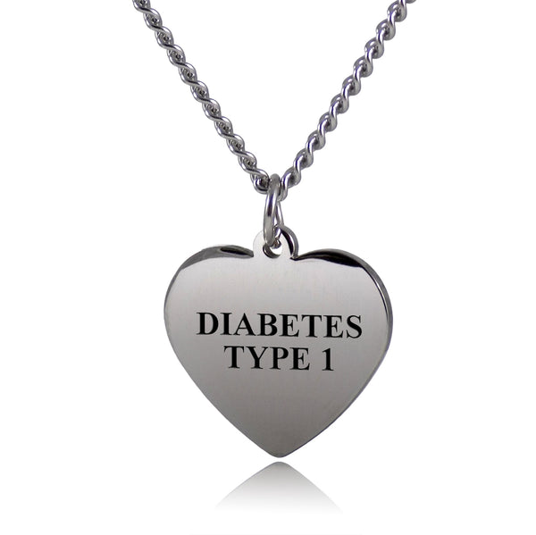 Type 1 Diabetes Medical Alert ID Stainless Steel Heart Pendant Necklace with 26" Chain