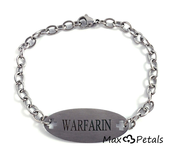 Warfarin Medical Alert ID Stainless Steel Identification Bracelet with 9 Inch Chain