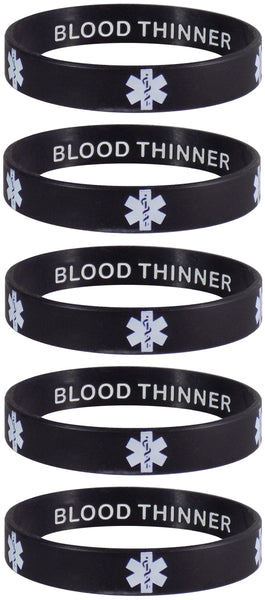 BLOOD THINNER Medical Alert ID Privacy Enhanced Silicone Bracelets Wristbands 5 Pack