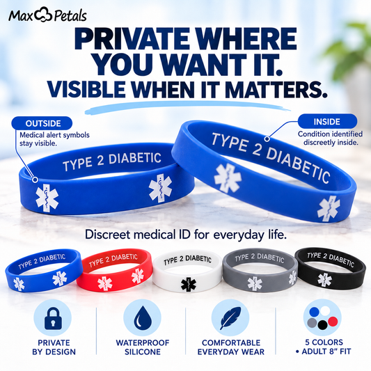 Type 2 Diabetic Medical Alert ID Privacy Enhanced Silicone Bracelets Wristbands 5 Pack