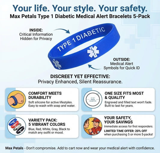 Discreet Protection, Vibrant Style: Type 1 Diabetic Medical Alert Bracelets (5-Pack)