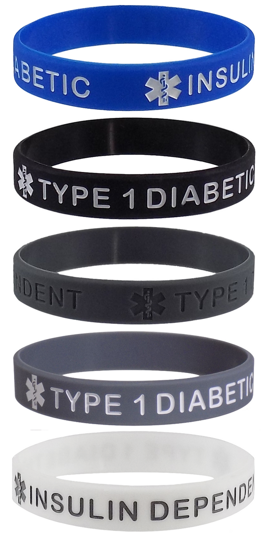 5 PACK "TYPE 1 DIABETIC" Medical Alert ID Silicone Bracelet Wristbands ADULT SIZE (8 Inches)