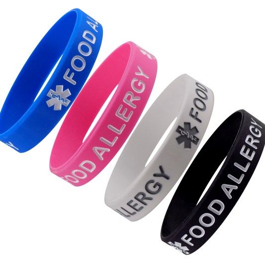 Food Allergy Silicone Wristbands - Black, White, Pink and Blue Child Size (7 inches) 4 Pack