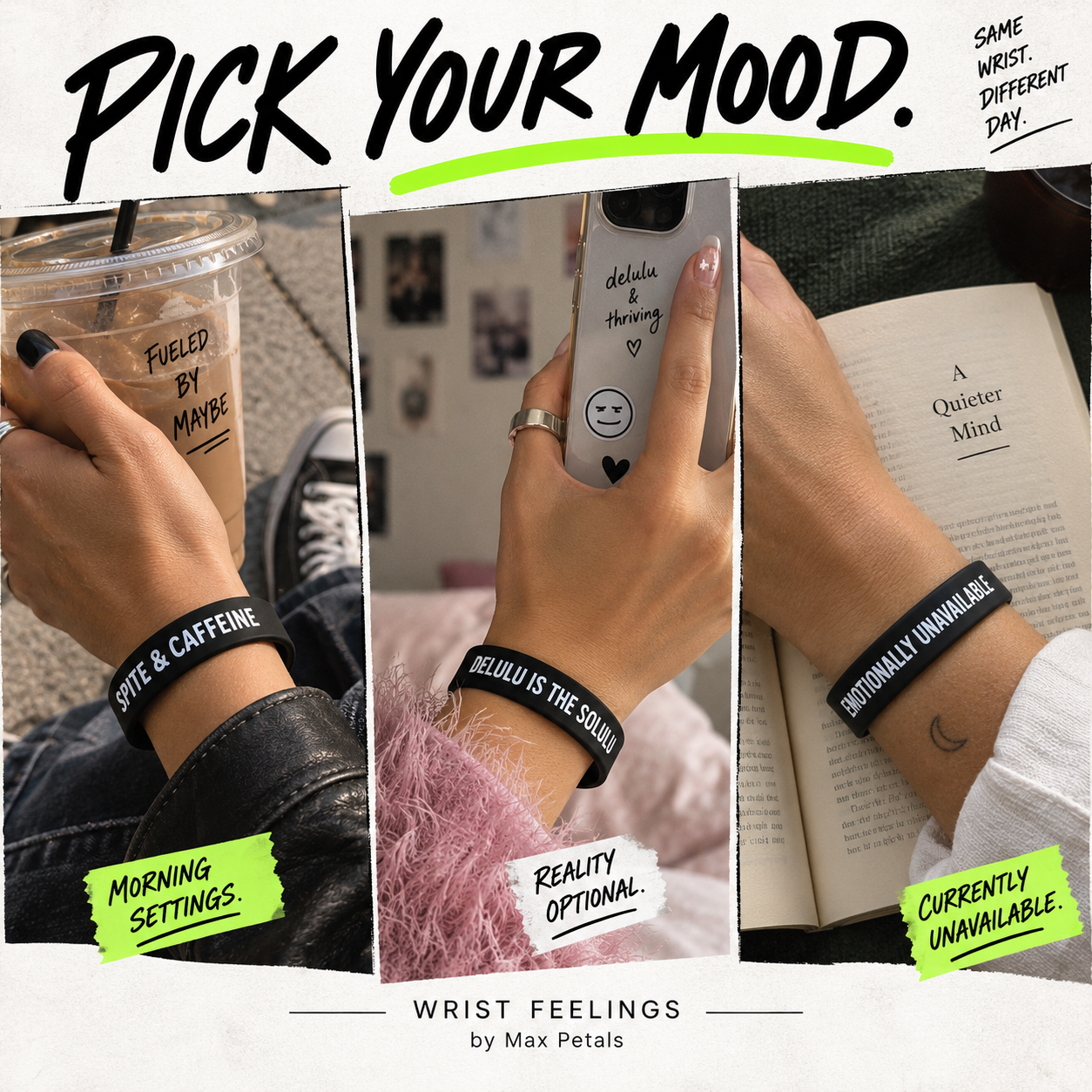 Max Petals | Wrist Feelings | Funny Sarcastic Silicone Wristbands, Meme Humor, Black, 8 in, 10-Pack