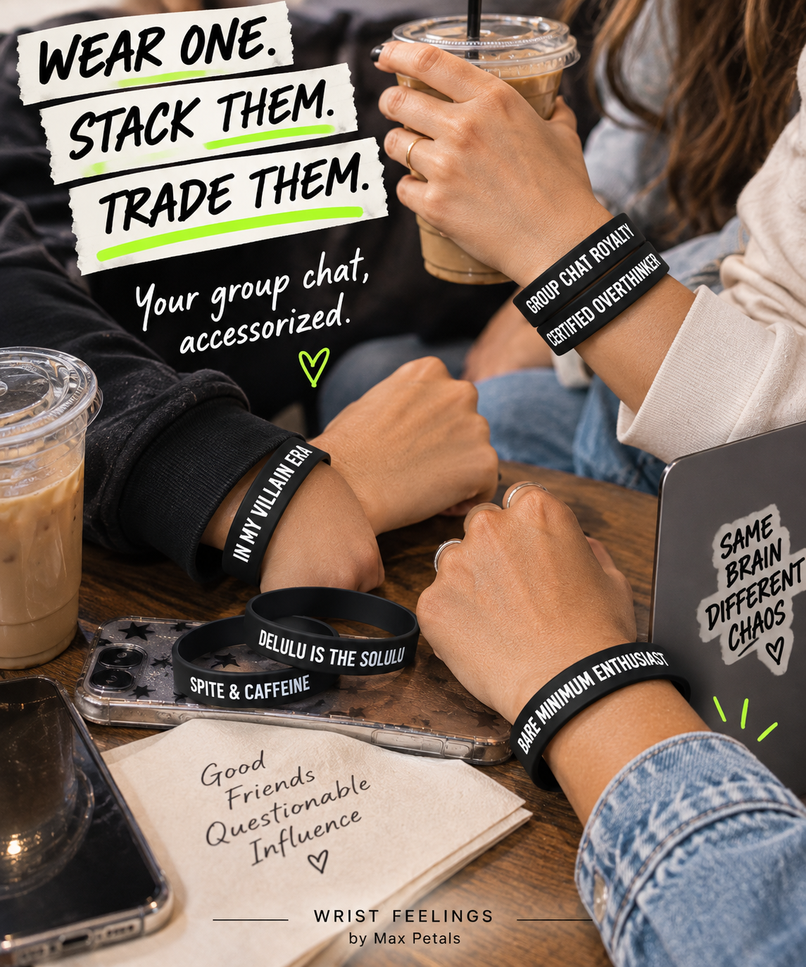 Max Petals | Wrist Feelings | Funny Sarcastic Silicone Wristbands, Meme Humor, Black, 8 in, 10-Pack