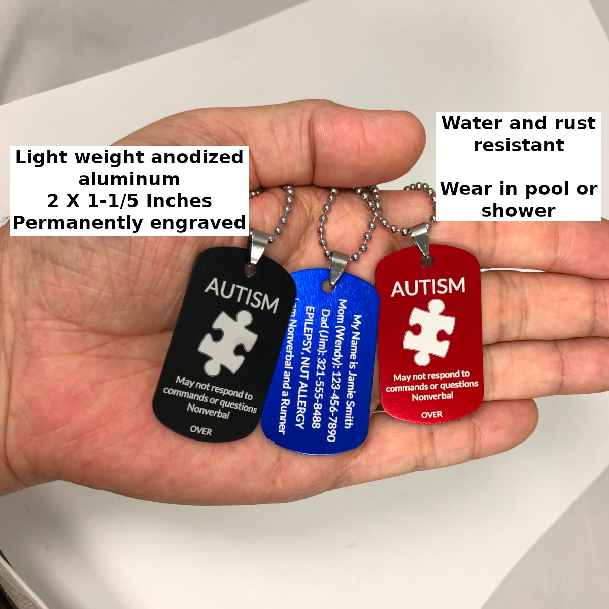 Autism Medical Alert ID Necklaces Custom Engraved (2 Pack)