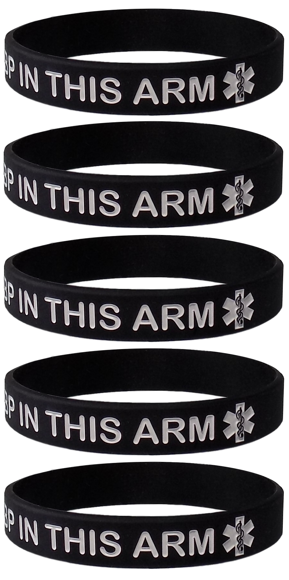 "No Needles or BP in This Arm" Medical Alert Silicone Wristbands for Adults - 5 Pack, Multiple Colors, 8 Inches - Max Petals