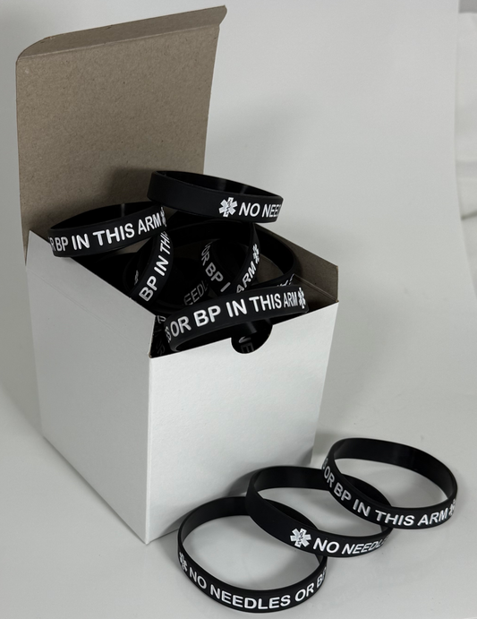 "No Needles or BP In This Arm" Bulk Medical Alert Wristbands - 25-Count Package for Clinics & Dialysis Centers