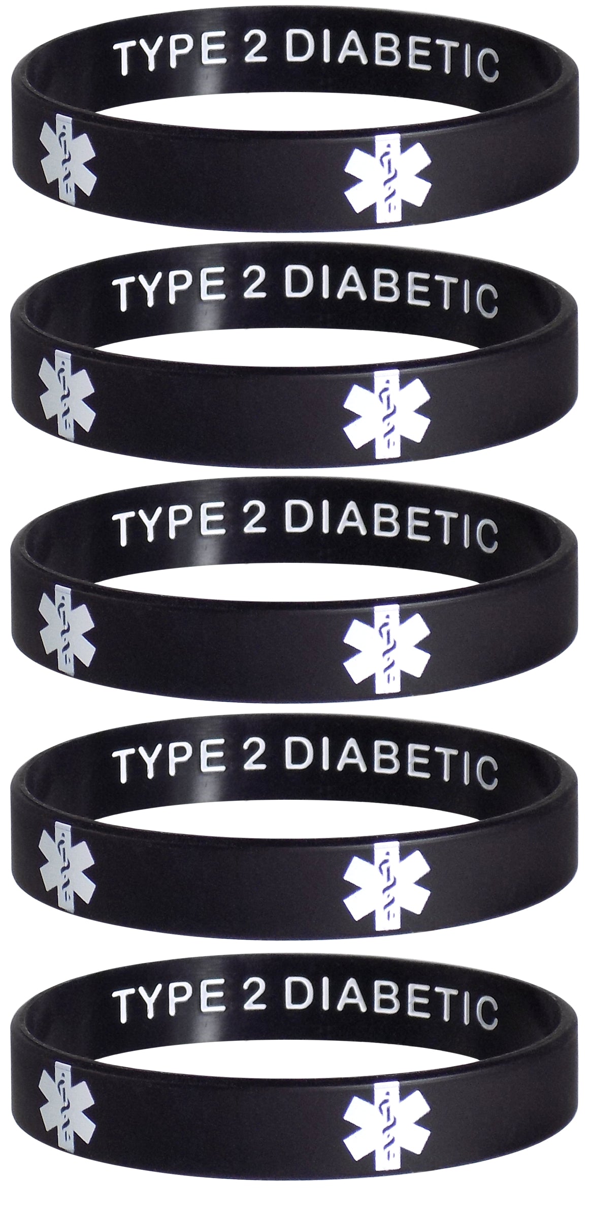 Type 2 Diabetic Medical Alert ID Privacy Enhanced Silicone Bracelets Wristbands 5 Pack