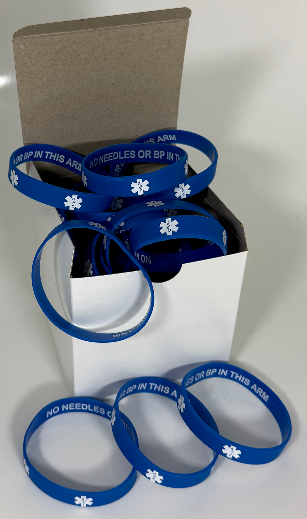 "No Needles or BP In This Arm" Discreet Bulk Medical Alert Wristbands - 25-Count Package for Clinics & Dialysis Centers